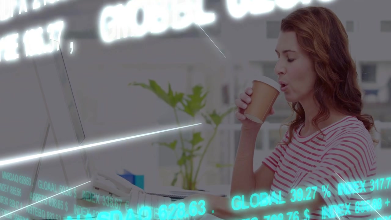 Vertical video: Woman typing, drinking from cup and checking phone as market tickers scrolling