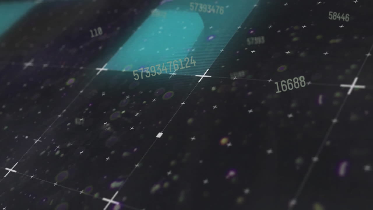 검은색 배경에 있는 그리드 위의 디지털 데이터 처리 애니메이션