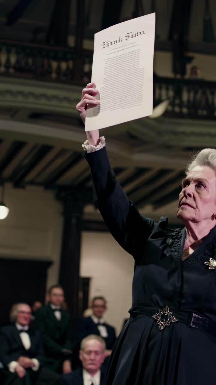 Dramatic low-angle video shot of an elderly woman in vintage attire holding a document