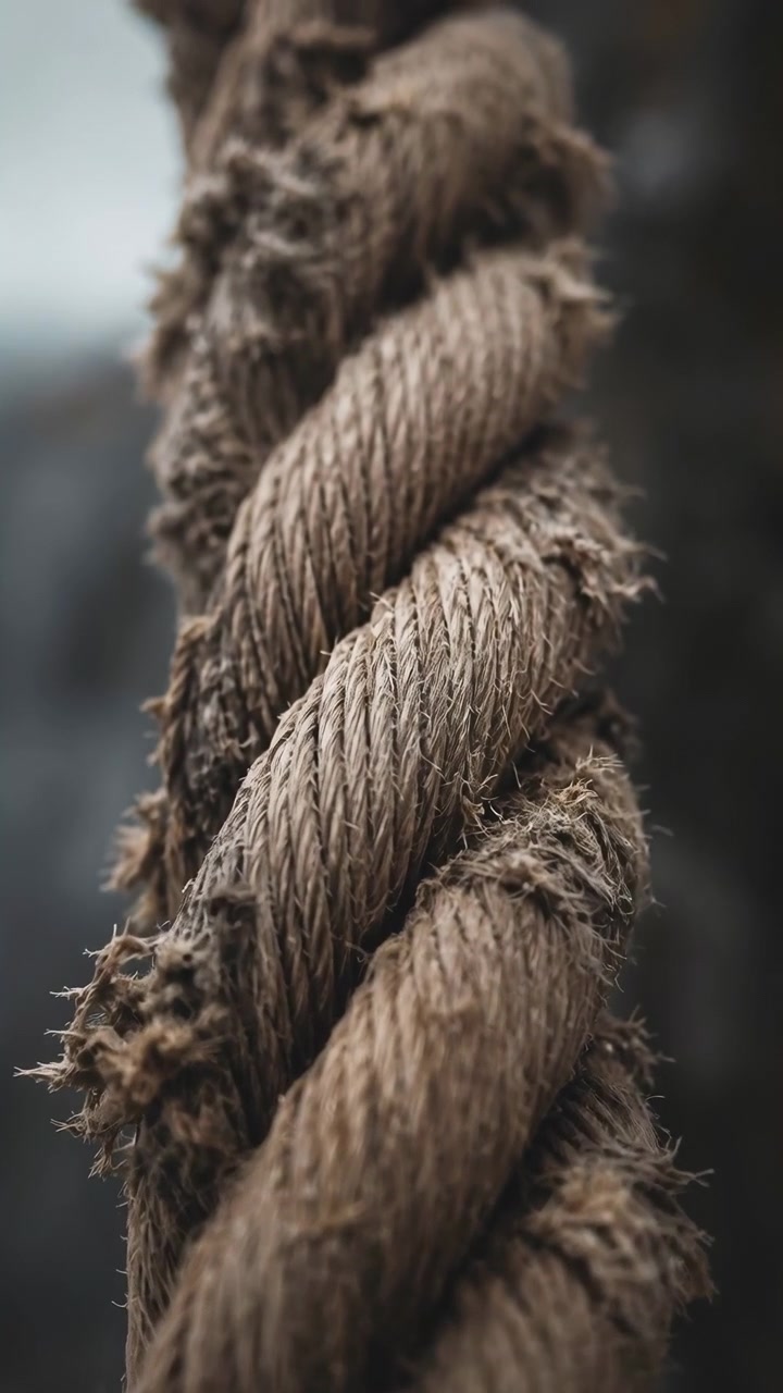 Corda che si attorciglia, in un ambiente esterno nebbioso, da una prospettiva ravvicinata leggermente angolata, con accenti marroni e grigi, e un'atmosfera calma e misteriosa, mostrando chiaramente l'azione principale e il luogo