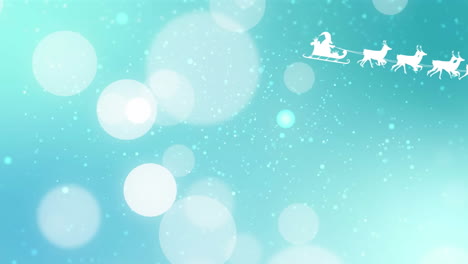 animation of santa claus in sleigh pulled by reindeers against spots of light on blue background