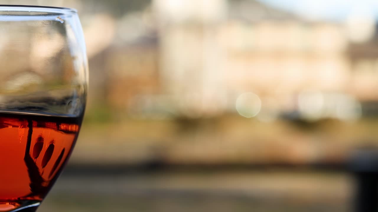A detailed view of a wine glass filled with red liquid against a blurred background.