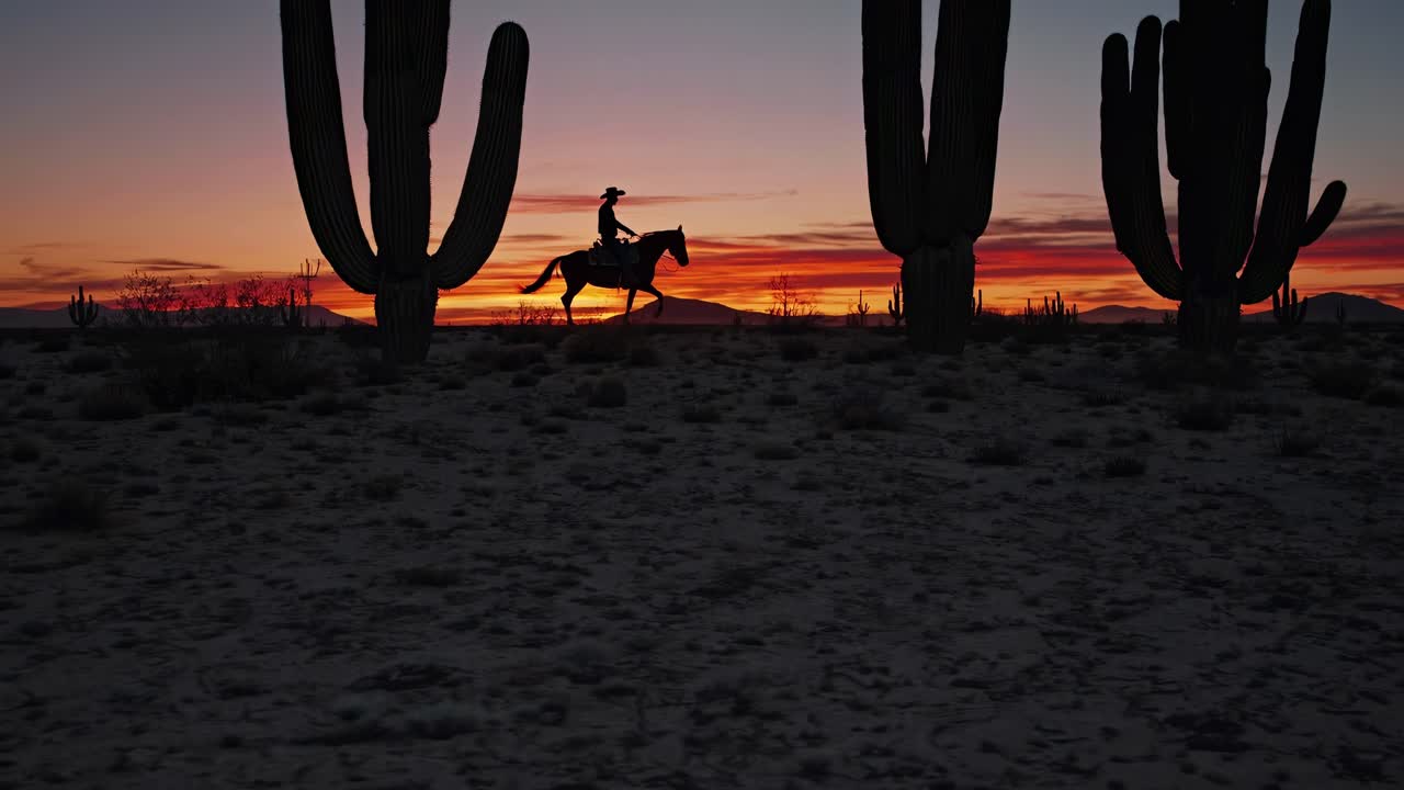 Silhouette of a Cowboy Riding a Horse Through the Desert at Sunset