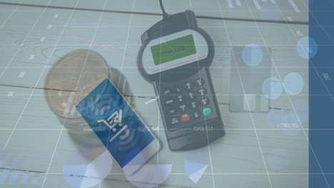 animación del procesamiento de datos financieros a través de teléfonos inteligentes y terminales de pago