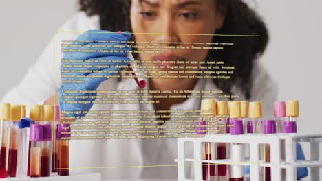 analyzing blood samples, scientist with text animation over laboratory scene