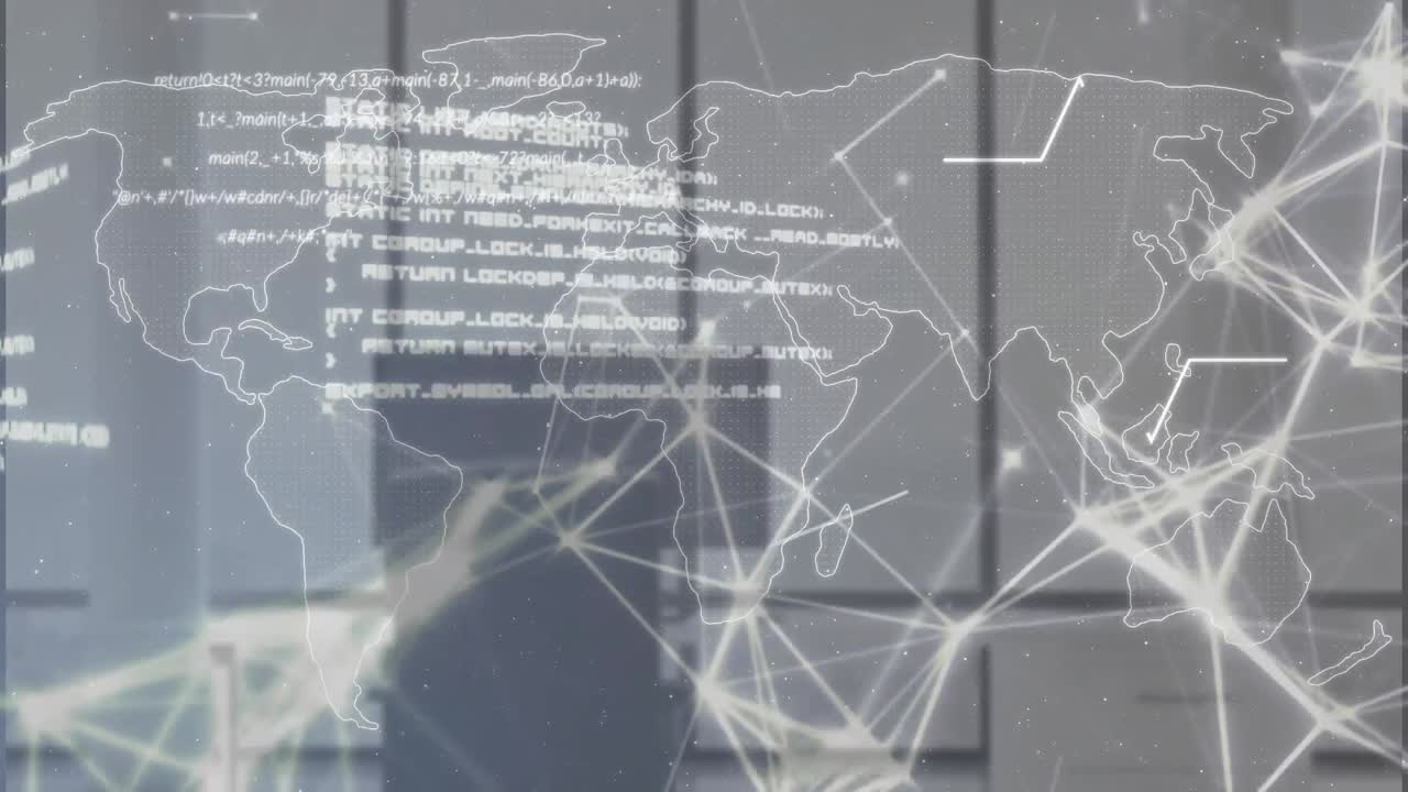 사무실의 데스크과 의자에 대한 지도에서 컴퓨터 언어를 통해 연결된 점의 애니메이션