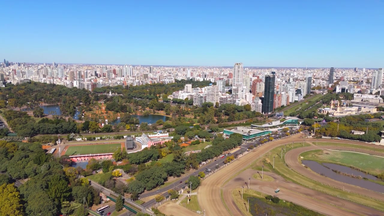 Aerial view over urban park, racecourse, and cityscape on a clear day in Buenos Aires