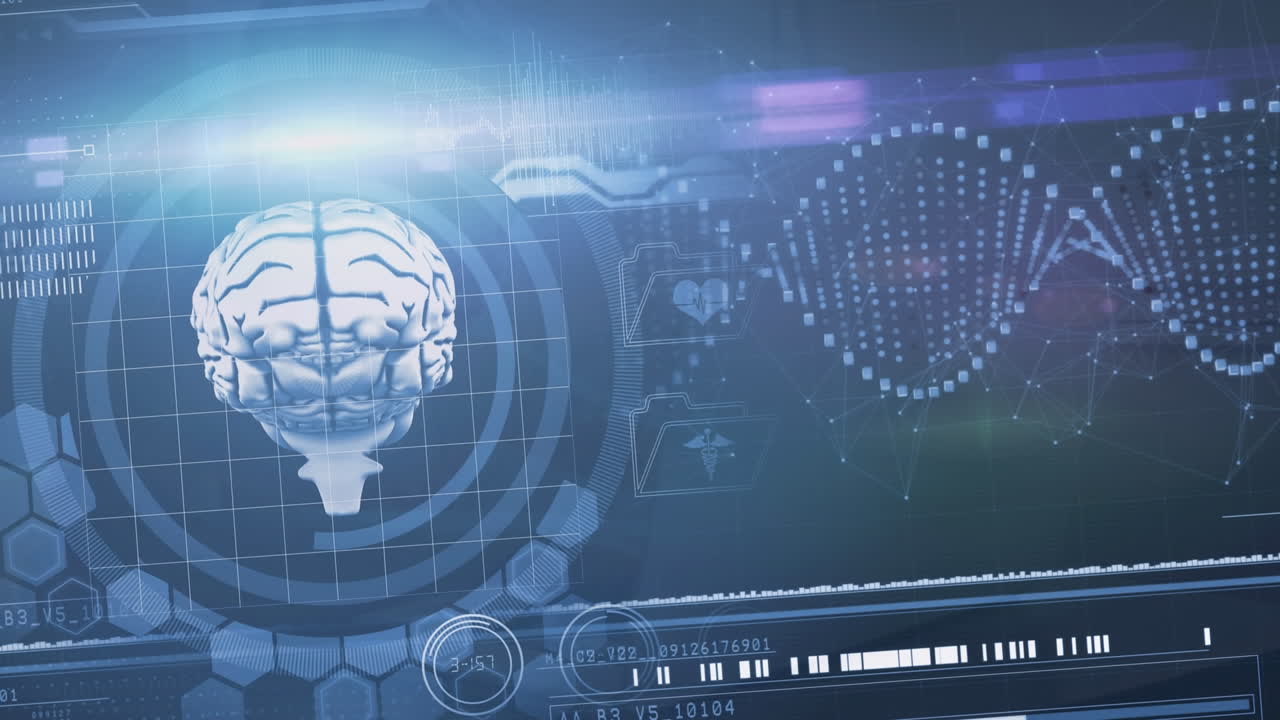 Digital animation of interface with data processing against blue background