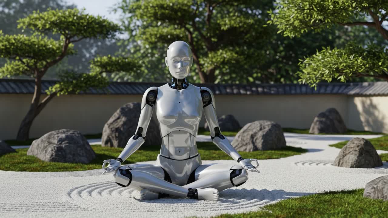A Serene Robotic Being Meditates in a Tranquil Zen Garden, Surrounded by Lush Greenery and Smooth Rocks, Exemplifying Harmony Between Technology and Nature