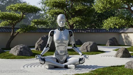 a serene robotic being meditates in a tranquil zen garden, surrounded by lush greenery and smooth rocks, exemplifying harmony between technology and nature