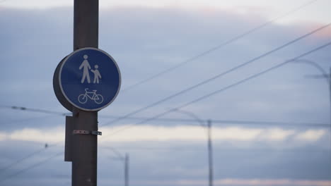 bicycle pedestrian blue road sign closeup. city traffic control plates concept.