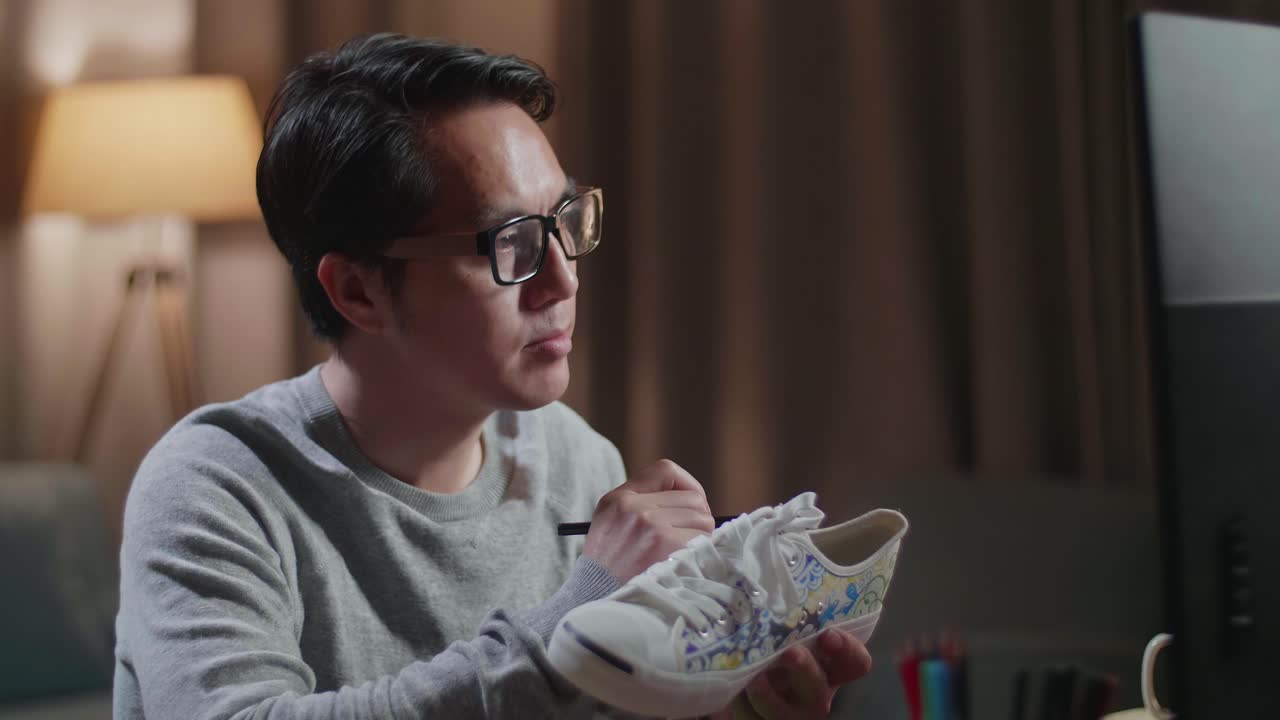 아시아 남성 신발 디자이너가 다채로운 패턴의 스니커를 들고 집에 있는 데스크 컴퓨터의 사진과 비교하는 클로즈업