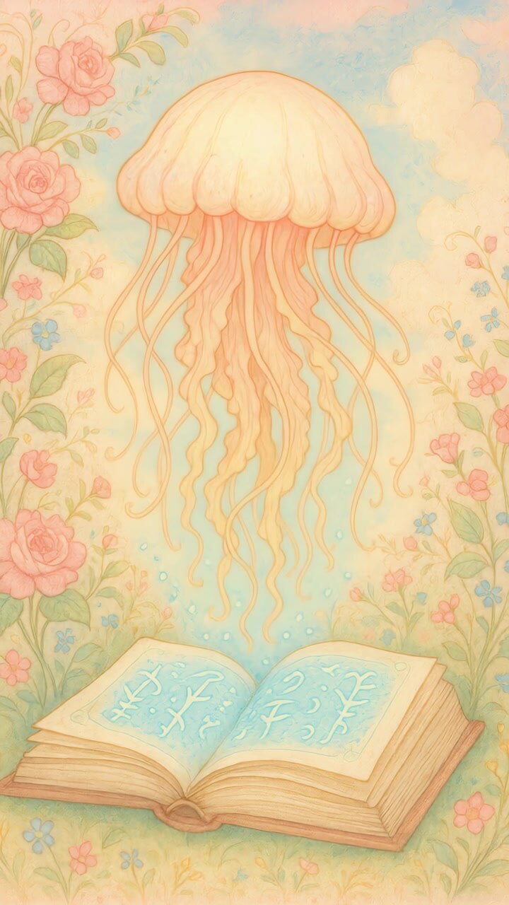 Surrealistisk illustration af en glødende vandmand, der svæver over en åben magisk bog