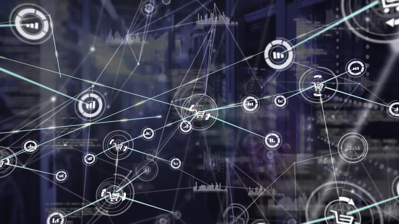 Animation of connected icons and dots, graphs and programming language against server room