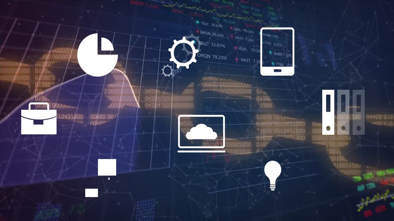 animación de iconos y procesamiento de datos a través de la cadena de seguridad cibernética.