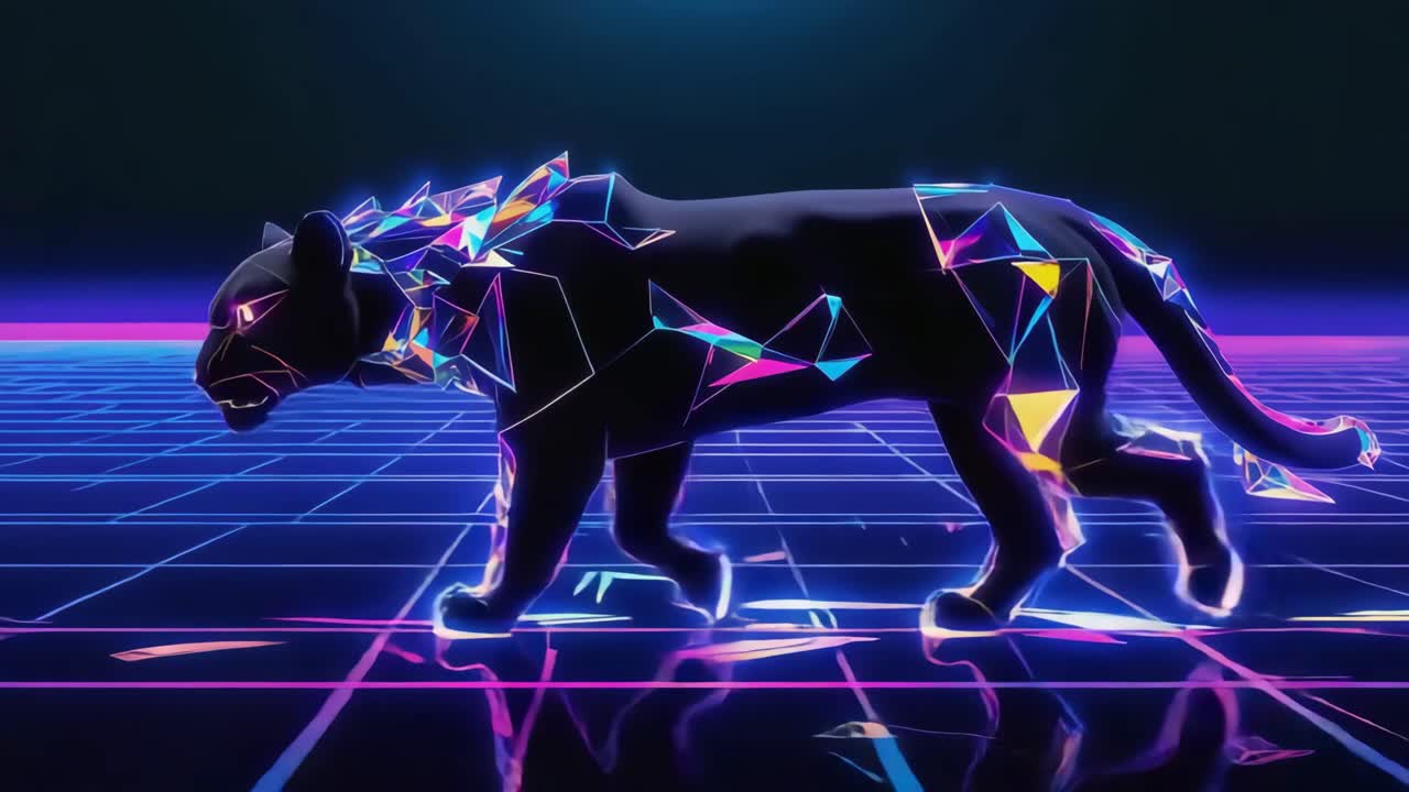 Neon Geometric Panther on a Digital Grid