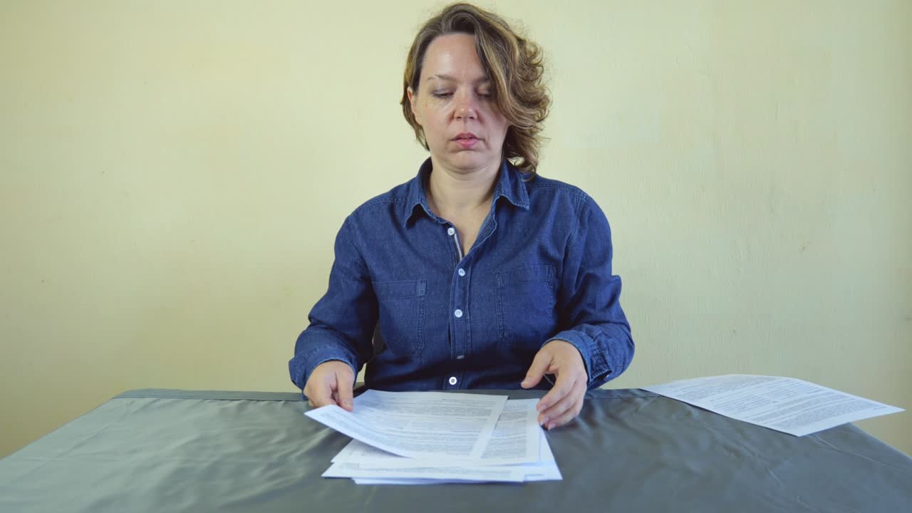 A forty-year-old woman sitting at a table in a shirt throws white paper. Slow motion