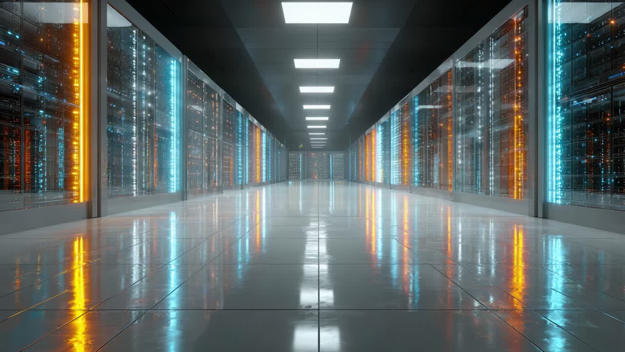 Illuminated Data Center Corridor Showcasing Rows of Server Racks with Blue and Orange Lights Reflecting Off the Polished Floor Surface, Creating a High-Tech Atmosphere