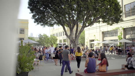 Lively outdoor plaza with people enjoying leisure and dining