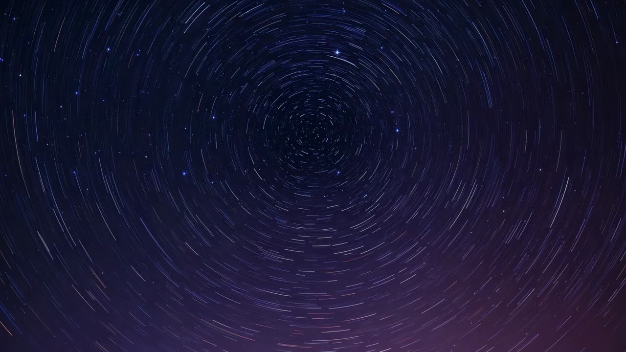 Recording camera capturing elongating star trails near celestial pole for timelapse, purple glow