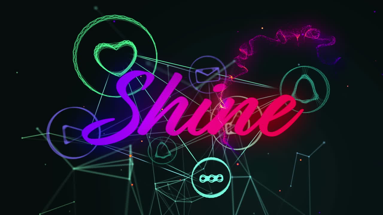 검은 바탕에 디지털 아이콘 위에 무지개 글자로 빛나는 텍스트의 애니메이션