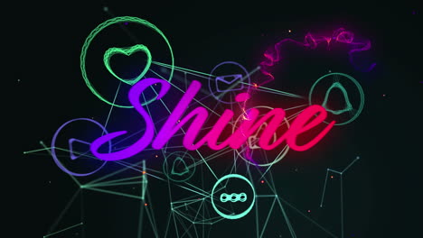 animation of shine text in rainbow letters over digital icons on black background