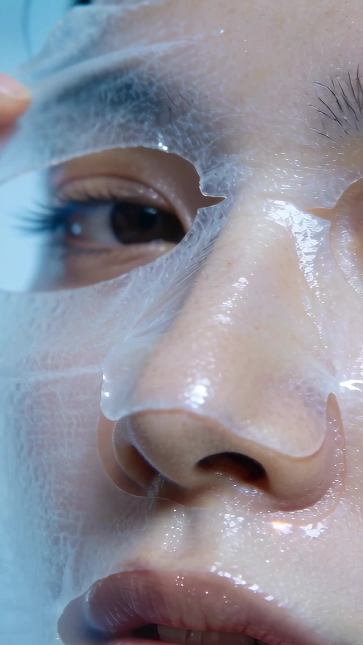 Video verticale: Donna che rimuove la maschera in gel con le dita in studio, rivelando la lucentezza del siero sulla pelle.
