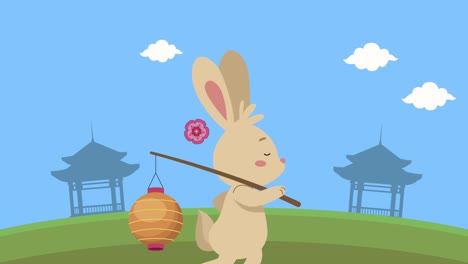 animación del festival de mediados de otoño feliz con paseos de conejos y pagodas