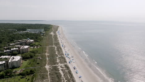 a high aerial shot captures the stretch of hilton head beach backed by resorts and forest, meeting calm atlantic waters