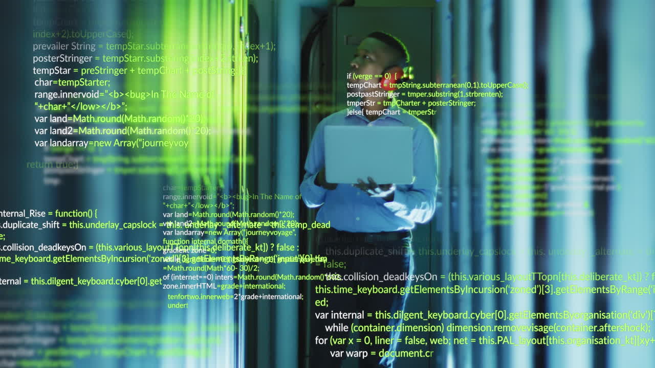 Animation of data processing over african american male engineer using laptop at server room