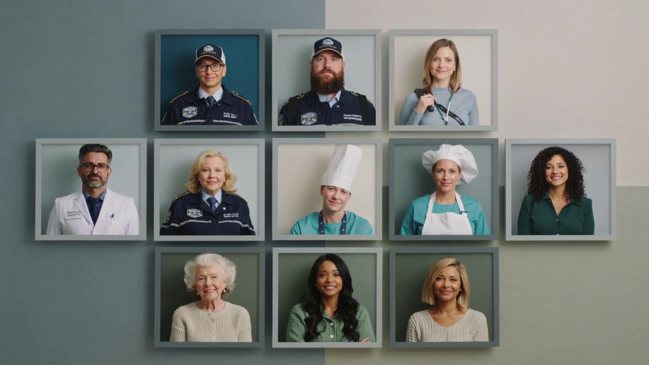 Turning top-left subject leading portrait subjects smiling on split wall, showing lab coat, toque