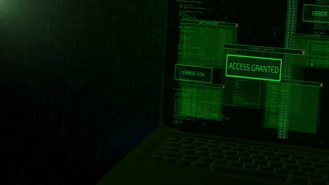 laptop screen with binary code and access granted message