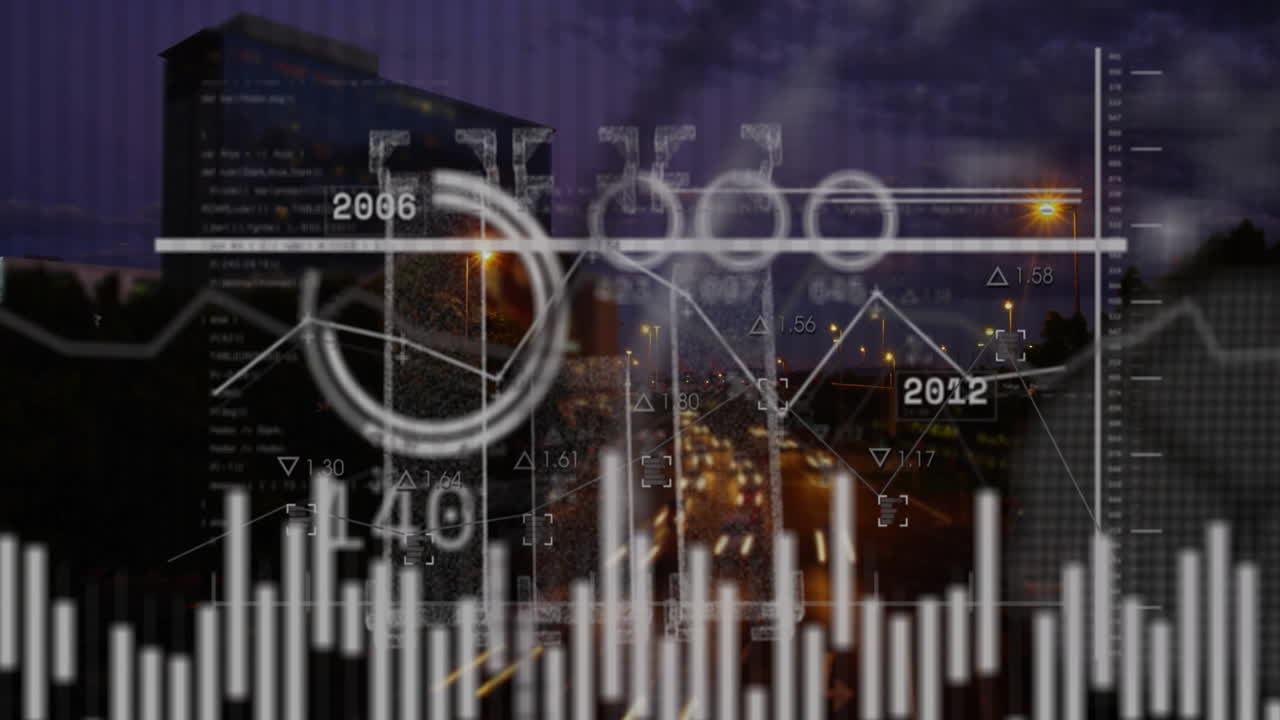 procesamiento de datos financieros, paisaje urbano por la noche con gráficos y gráficos animados