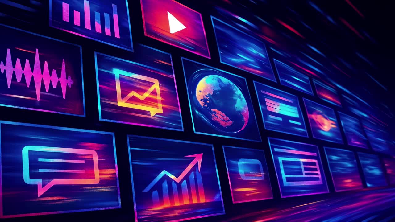 Dynamic video concept with neon digital screens displaying graphs and icons, captured from a side
