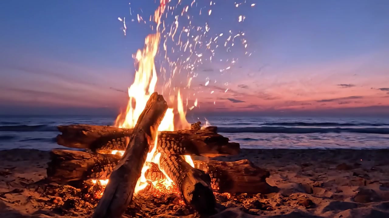 Un accogliente falò sulla spiaggia al crepuscolo: testimonia il calore e la bellezza delle fiamme che danzano contro un tramonto colorato sulle calme onde dell'oceano.