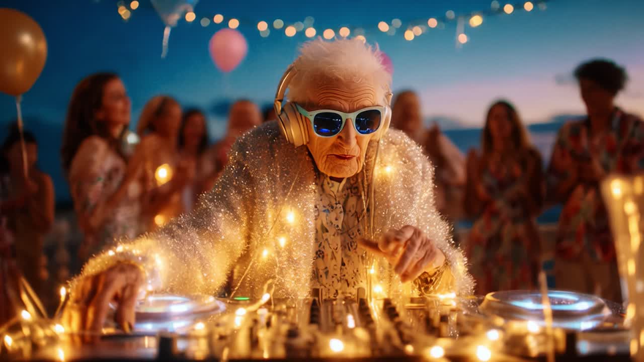 En ældre DJ lyser dansegulvet op og viser en blanding af ungdommelig energi og tidløs passion for musik, omgivet af en livlig fest fyldt med glæde og latter.