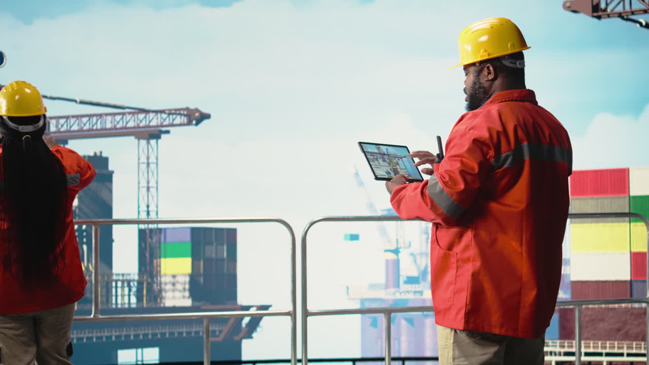 Vertical video Energy production company expert using tablet to determine drilling rig location