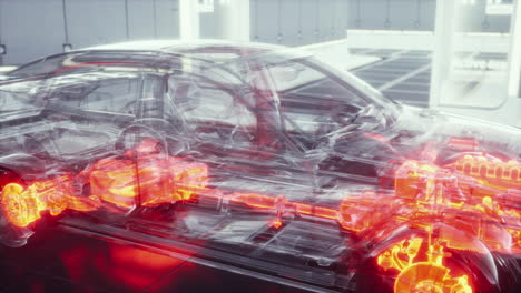 coche transparente con motor en el laboratorio