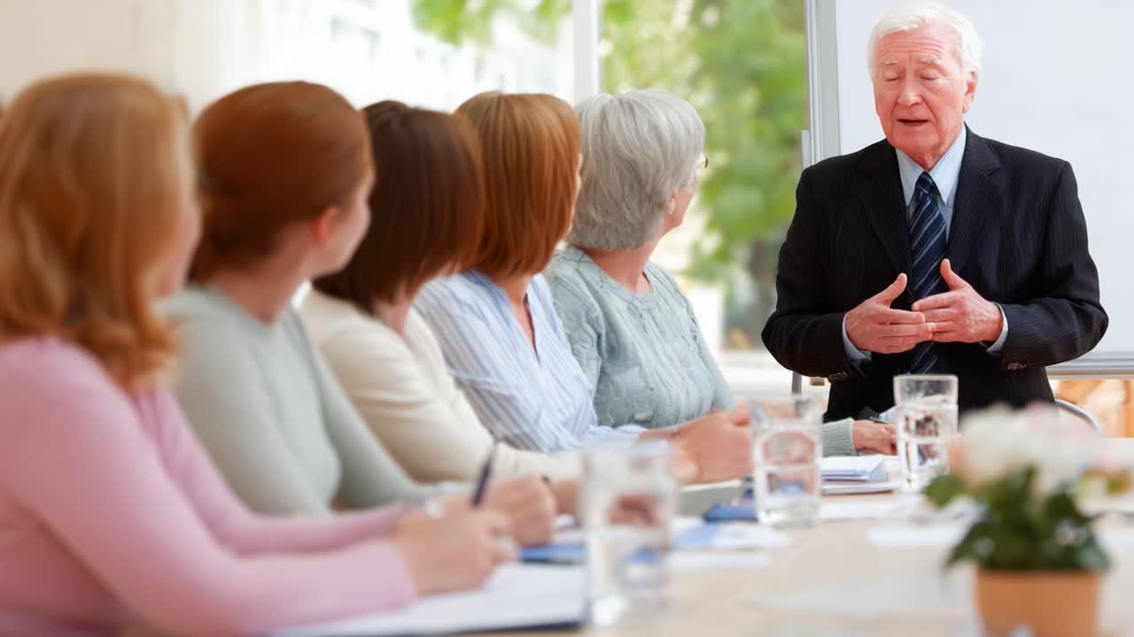 A Senior Mentor Engages in a Dynamic Presentation to a Group of Professional Women During a Collaborative Meeting, Emphasizing Leadership and Teamwork Strategies