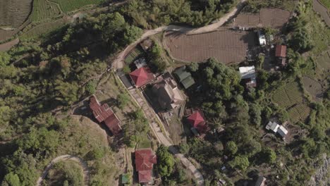 mountain village red tops of homes farms in backyard with trails weaving through trees connecting community aerial rotating ascending wide angle birds eye view top down benguet philippines