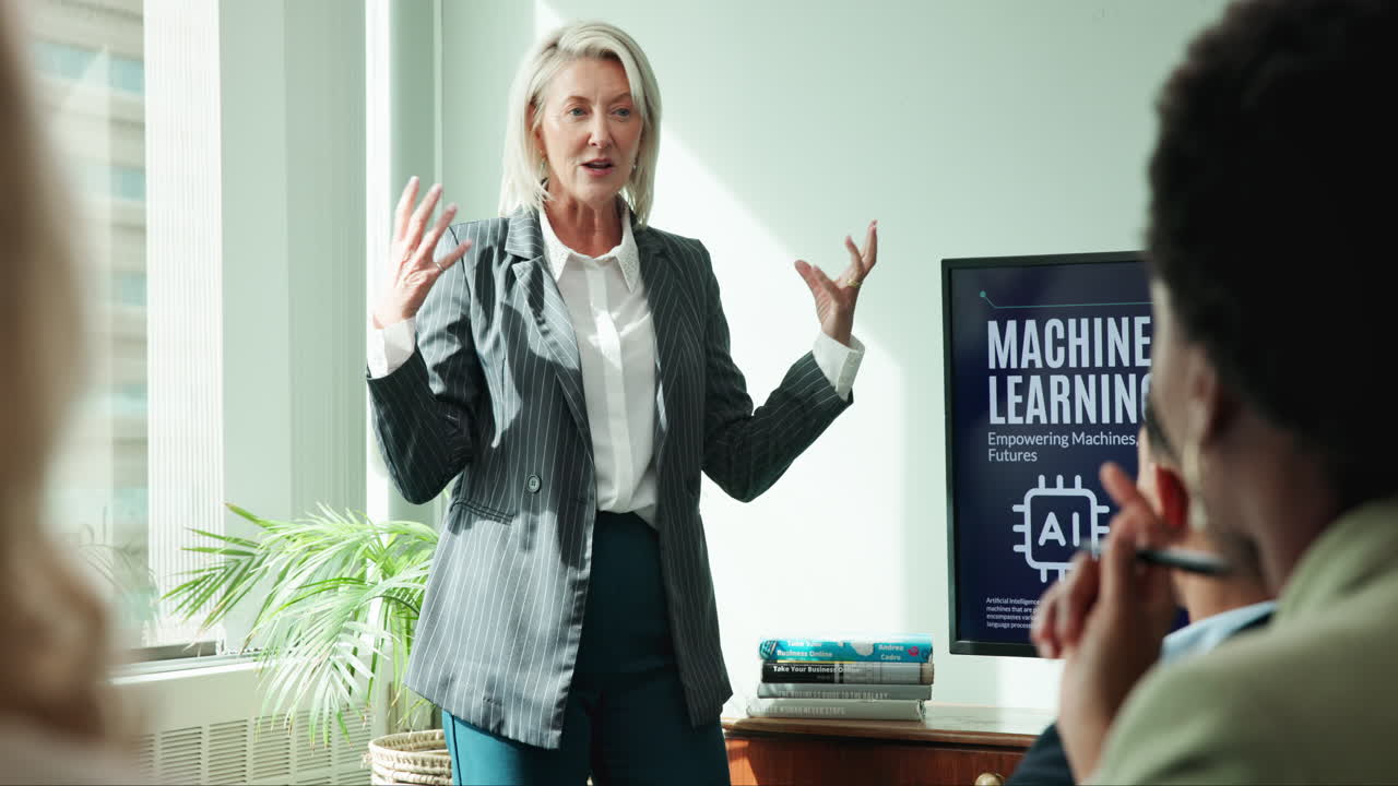Businesswoman giving presentation on machine learning