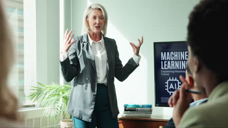 businesswoman giving presentation on machine learning