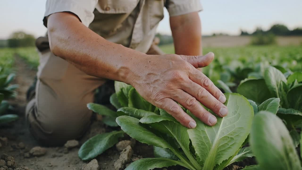 Agricultor arrodillado con camisa de manga corta y pantalones caqui, inspeccionando hileras de lechuga en la granja, revisando las hojas.