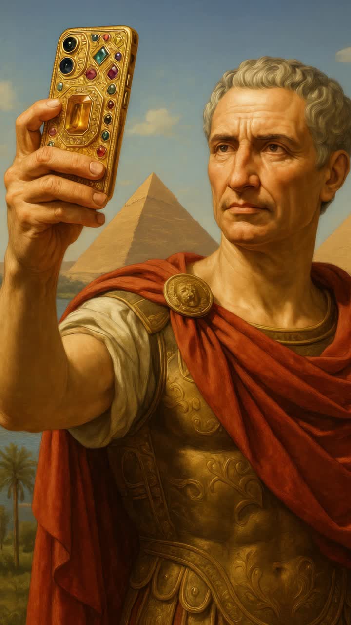 A historical figure in Roman attire takes a selfie with a jeweled phone, pyramids in the background