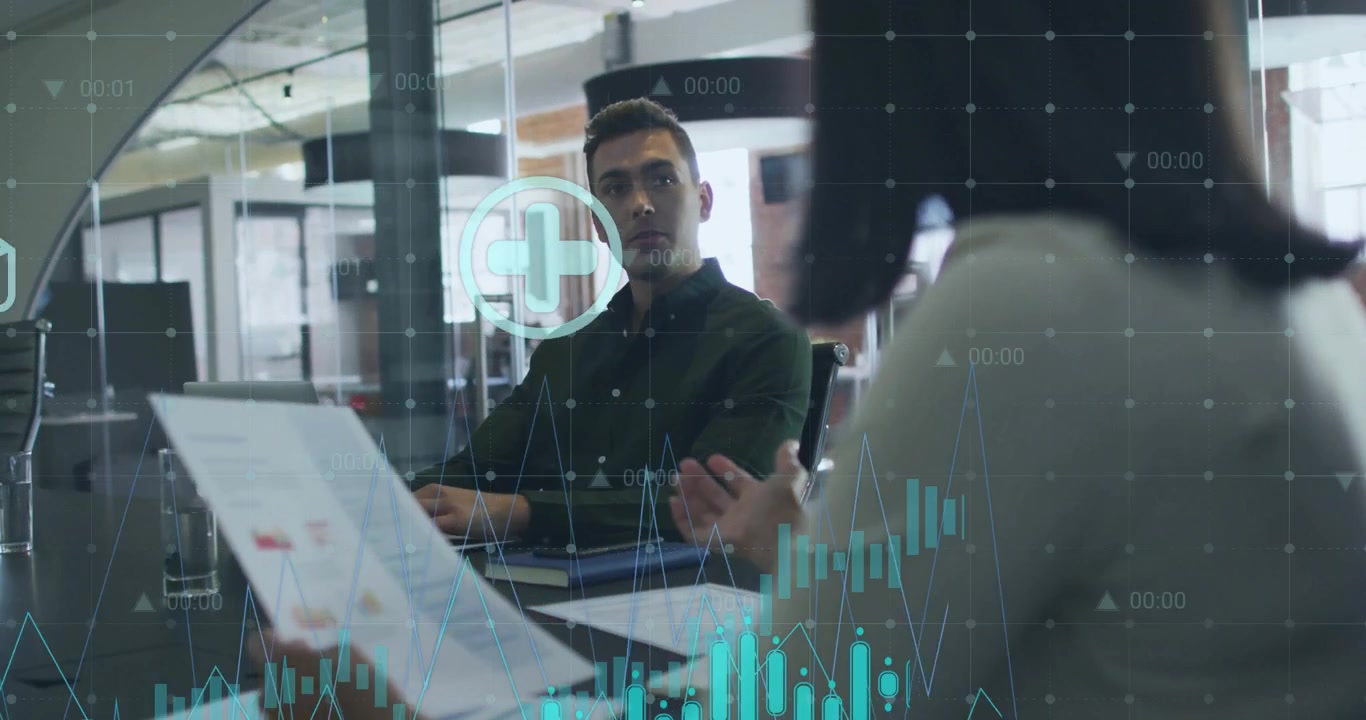 Man reviewing report while woman sliding document, aqua graphs and sector icons guiding planning