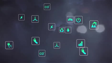 animación de los iconos eco procesamiento de datos sobre las luces de la ciudad fuera de enfoque