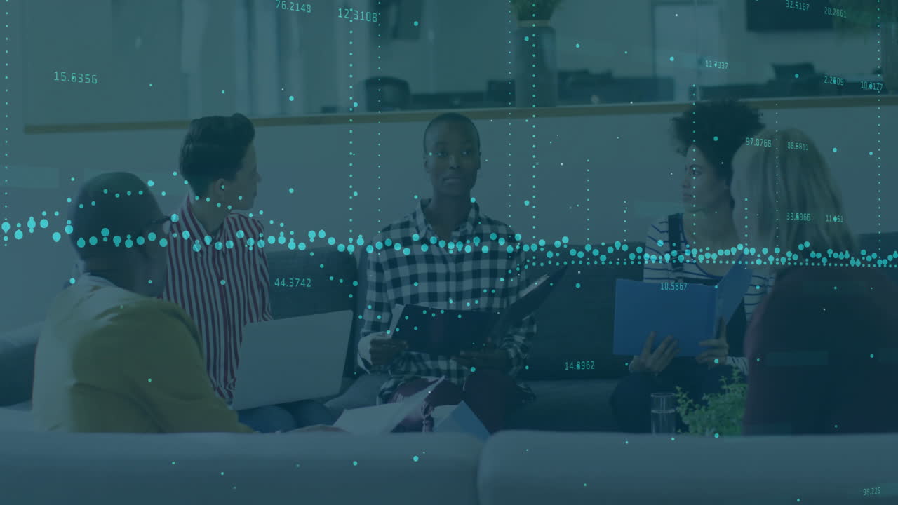 Animation of financial data processing over diverse business people using laptop