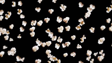 flying many popcorns on black background. white salty popcorn. healthy food. corn seed. 3d loop animation of popcorn rotating.