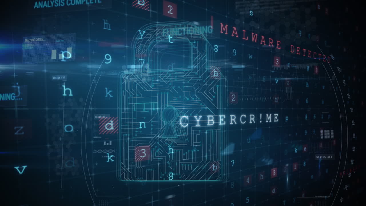 Animation of digital interface with security padlock over dark background