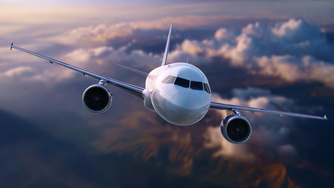 Un elegante aeroplano bianco che solca il cielo sopra nuvole maestose, catturando l'essenza del volo e dell'avventura in una vista aerea mozzafiato